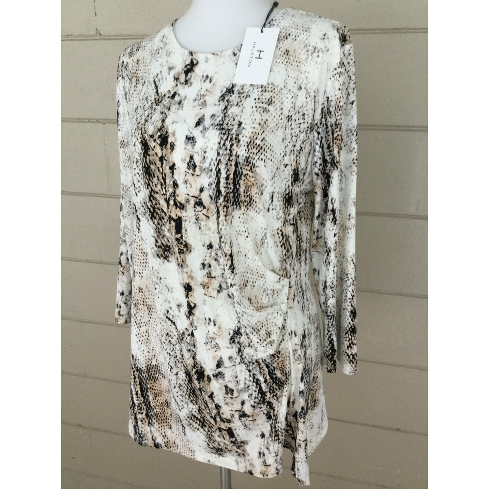 Halston Womens Large Ivory Asymmetrical Tunic Top‎ Snake Print Long Sleeve NWT